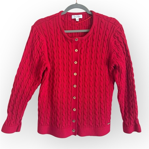 Calvin Klein 100%Cotton red cable knit cardigan sweater, buttondown size L - Picture 1 of 9